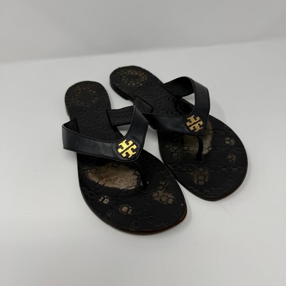 Tory Burch Black Leather Logo Sandals Size 9